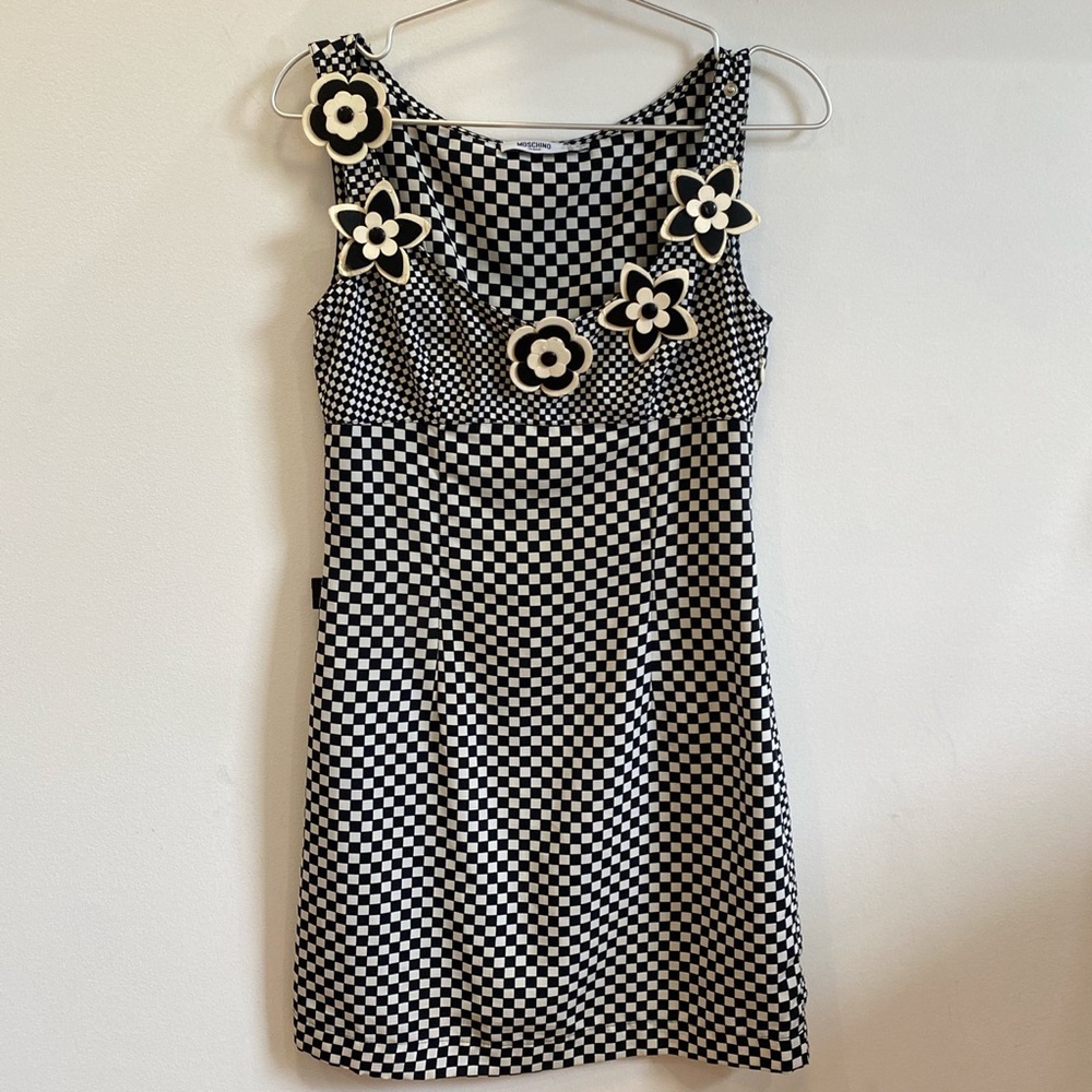 Vintage Moschino Jeans checkered mini dress with snap on flowers (XS)